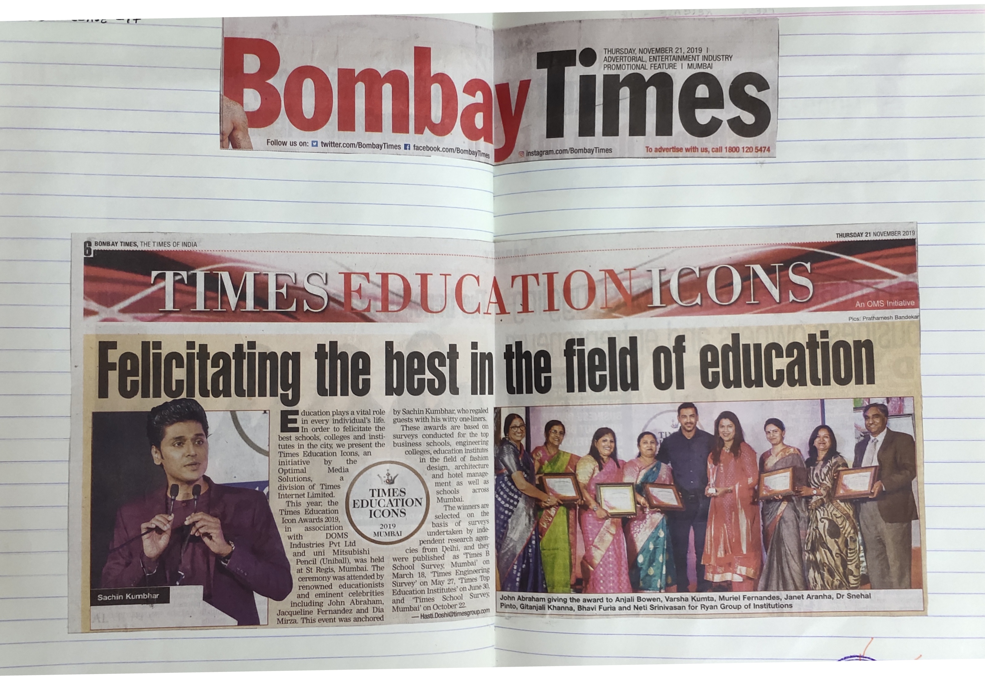 An article under the name “Times Educations Icons” was published in the Bombay Times